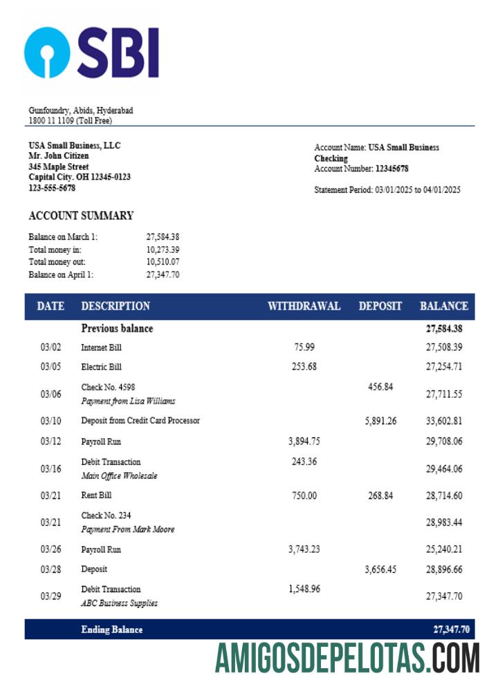 Extrato de conta corrente da organização SBH em formato Word e PDF exemplo real